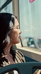 Thinking, woman and window on bus for travel journey, outdoor view and public transport. Female person, passenger and reflection for morning commute, city scenery and destination with transit service