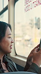 Phone, photograph and travel with Asian woman on bus for public transportation or sightseeing. App, commute and picture for memories with happy tourist in vehicle for adventure or city journey