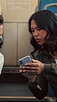 Talking, help and people with phone on bus, transfer point information and advice for stop location. Passenger, man and confused woman with map app for transit planning, directions guidance or mobile