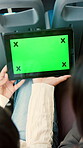 Hands, bus and people with tablet, green screen and internet for public transport. Above, tracking markers and passenger on digital app for web streaming, travel or watching news with mockup