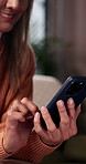 Cellphone, hands and woman on sofa in home with texting, communication or chatting on mobile app. Typing, technology and person with phone for online blog, social media or connectivity in house.