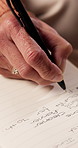Writing, checklist and hands of woman with book for to do list, reminder and schedule for planning. House, notebook and mature person with points to remember daily tasks, agenda and goals in diary