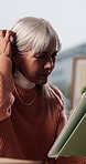 Remote work, woman or stress on tablet in home for draft upload fail, 404 error or missed deadline. Freelance editor, mature person or frustrated with tech for network glitch, lost progress or crisis