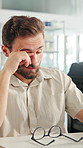 Tired, glasses and stress with business man in office for project rejection, brain fog and fail. Overwhelmed, burnout and mistake with person in agency for pressure, late deadline and eye strain