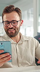 Phone, happy and businessman in office with texting, networking or social media on break. Smile, technology and male employee on cellphone for chatting on mobile app with funny meme in workplace.