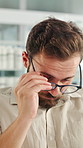 Man, reading glasses and review at office for pharmaceutical  production, checklist or project. Person, spectacles and insight for science, medicine and drugs for wellness with report at company