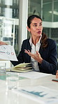 Woman, business or meeting with documents for analytics, performance review or statistics in office. Female person, analyst or discussion with team or paperwork for company data, progress or growth