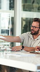 Businessman, meeting and discussion with documents in office for project briefing together. Man, employee or passing paperwork with team for development, growth or business proposal in workplace