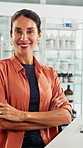 Crossed arms, woman and face of scientist in office with confidence for science career growth. Medical research, smile and portrait of biologist with pride for about us in pharmaceutical workplace.