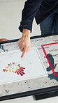 Person, screen or hand pointing with map for environmental project or climate change in office. Top view, employee or observation with geographic display, graph or chart for eco development or growth