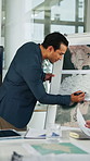 Presentation, map and business man in boardroom for financial expansion, planning and ideas. Corporate, talking and person with paperwork for global trade, investment and briefing for finance project