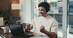 Call center, laptop and celebrate in office with headset for communication, help desk or donor. Happy man, ngo funding and fist pump to aid success, sponsor or investor and target achievement
