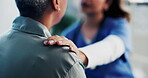 Healthcare, empathy and nurse with old person, hands and consultation in hospital or shoulder touch. Clinic, medical professional and explaining diagnosis to elderly patient, comfort and senior care