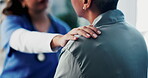 Healthcare, support and nurse with old person, hands and consultation in hospital or shoulder touch. Clinic, medical professional and explaining diagnosis to elderly patient, comfort and senior care