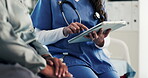 Healthcare, old person and hands with tablet in hospital, talk or discussion for test results on web. Medical professional, scroll and explaining diagnosis to elderly patient, senior care and online