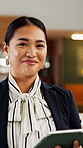 Hotel, manager and face of woman on tablet for booking schedule, planning and online reservation. Hospitality, lobby and portrait of person on digital tech for check in, website and accommodation