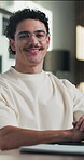 Face, smile and man on laptop in home with remote work, freelancer and typing for research. Confident, vision and happy copywriter or creative person with computer for online article or blog