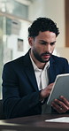 Tablet, frustrated and businessman with stress in office, market volatility and stocks inflation. Review, disappointed or investment consultant with risk assessment mistake, economic decline or tech