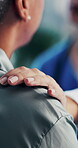 Hands, nurse and comfort woman in clinic for test results, cancer diagnosis or healthcare empathy. Medical, professional and support mature patient in checkup for bad news, tumor detection or console