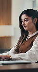 Laptop, typing and woman in office with online, productivity and research for copywriting. Computer, creative and copywriter or person with email, newsletter or post for business feedback or news