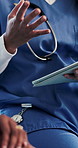 Nurse, tablet and hands with patient at hospital for discussion, explain or notes for diagnosis. People, medical professional and tech for consultation, advice or app for healthcare service at clinic