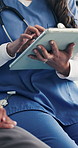 Nurse, tablet and hands with patient at clinic for discussion, explain or notes for diagnosis. People, medical professional and tech for consultation, advice or app for healthcare service at hospital