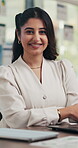Happy, face or Indian woman in office with arms crossed, pride or ambition as investment advisor. Smile, portrait or financial consultant with confidence, career growth or about us in risk management