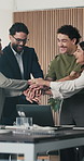 People, team and celebration with pile of hands at office meeting for goals, applause or support at company. Group, excited and achievement with success, laptop and motivation at financial agency