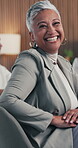 Business, face or woman in boardroom with laugh, pride or ambition as investment advisor. Happy, meeting or financial director in office with portrait, confidence or about us in risk management.
