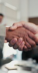 Business, collaboration or hands in meeting with handshake, greeting or negotiation in b2b deal. Networking, people or employees in office with applause, agreement or opportunity for partnership.