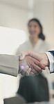 Business, collaboration or hands in office with handshake, greeting or meeting for b2b deal. Networking, people or employees in workplace with introduction, agreement or opportunity for partnership.