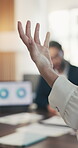 Hand, explain and people with presentation for meeting, analytics proposal or investment pitch. Talking, business and analyst with stakeholders or investor for data review, benefits or company growth