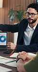 Man, presentation and laptop at office meeting with graphs, insight or stats at finance company. Person, speaker and charts in boardroom for pitch, feedback and problem solving at investment agency