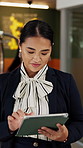 Walking, concierge and woman on tablet in hotel for booking schedule, planning and online reservation. Hospitality, lobby and person on digital tech for check in, website and accommodation at resort