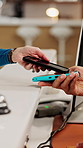Phone, hands and pos payment in shop, cashless transaction and financial technology in retail. People, mobile and purchase with machine in store for shopping with sale, cashier and customer checkout