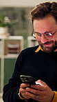 Businessman, smile and typing in office with phone, check company notification or social media chat. Happy, person or employee browsing in workplace with tech, email response and text message for job