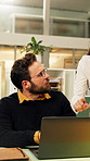 Team, online and discussion with laptop in office, working late and planning for campaign on website. Creative, collaboration and people with tech for project, talk and digital marketing at night