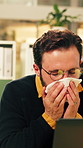 Sick, sneeze and business man in office for allergy, virus infection or hayfever with health problem. Tissue, worker and person with cold in workplace, bacteria illness and wipe nose for flu season