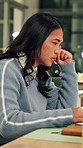 Thinking, night or woman in office with laptop, research or proposal insight in sustainable startup. Reading, evening or ESG consultant with tech, growth plan or pitch brainstorming in green business