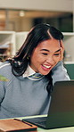 Night, woman and excited in office with laptop, good news and marketing success for business growth. Late, happy person and notification in agency with computer, brand awareness or advertising goals.