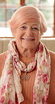 Nursing home, happy and face of elderly woman with smile for wellness, thinking and positive memory. Retirement, house and portrait of senior person with pride for good mood, calm or peace on weekend