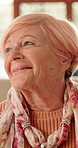 Thinking, happy and senior woman in nursing home with good memory, nostalgia and reflection. Retirement, house and elderly person with smile for thoughtful, wondering and remember for calm and peace
