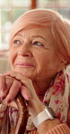 Thinking, happy and senior woman with walking stick with good memory, nostalgia and reflection. Retirement, smile and elderly person with cane for thoughtful, wondering and remember for positivity