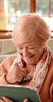 Excited, sofa and senior woman on tablet for communication, social networking and contact. Retirement, home and elderly person on tech for connection, message and notification for chat on digital app