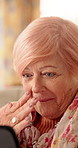 Shock, phone and elderly woman in home with gossip for online chat, communication and social network. Retirement, happy and senior person on cellphone for connection, message and rumor on internet