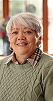Smile, relax and face of senior woman on sofa in home with peaceful, calm and break on weekend. Happy, positive attitude and portrait of elderly female person with pride for retirement in living room