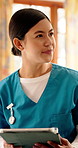 Thinking, woman and caregiver with tablet at house for vision, online report and medical assistance. Thoughts, female person and digital for consultation, healthcare advice and patient test results