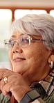 Thinking, cane and senior woman in nursing home with nostalgia, memory or reflection on weekend. Walking stick, happy and elderly female person in retirement with ideas, planning or daydreaming.