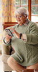 Scroll, phone and elderly woman on sofa for online chat, communication and social network. Retirement, happy and senior person on cellphone for connection, website and reading message on internet
