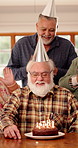 Smile, old man and cake with friends at house for birthday party, celebration and blowing candles. Happy, senior people and singing with applause, gathering and dessert with wish on special occasion